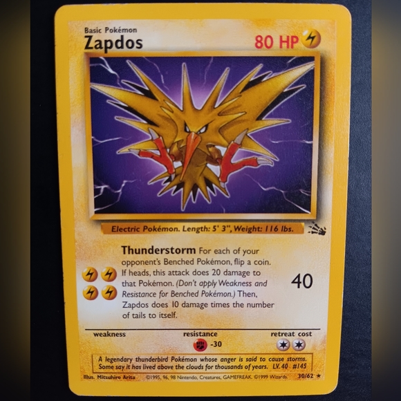 Zapdos Pokemon Card - Fossil - 30/62 Rare Non-Holo - Picture 2 of 10